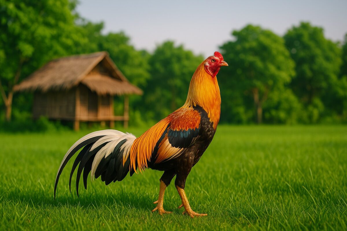 ไก่ชนสายพันธุ์เหลืองหางขาว ยืนอยู่ท่ามกลางพื้นหญ้าสีเขียว หน้าโรงเรือนเลี้ยงไก่