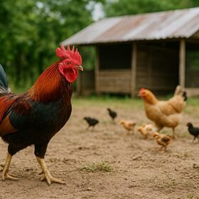 ไก่ชนตัวผู้ กำลังยืนอยู่คู่กับแม่ไก่ที่มีลูเล็กๆอีก8ตัว กำลังเดินหากินบริเวณหน้าโรงเรือน