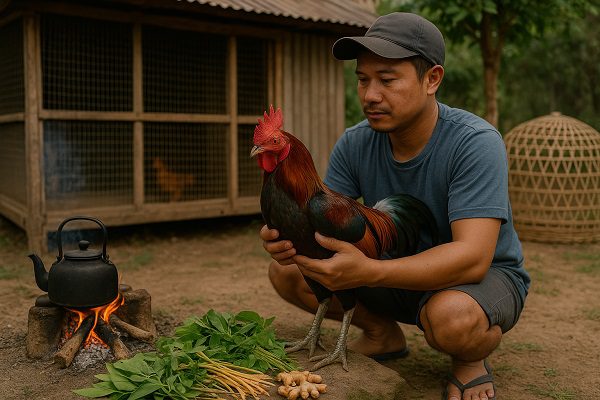 เซียนไก่ชน กำลังดูแลไก่ชนด้วยการนำสมุนไพรมาบำรุงไก่ชน และนำสมุนไพรไปต้มในหม้อ
