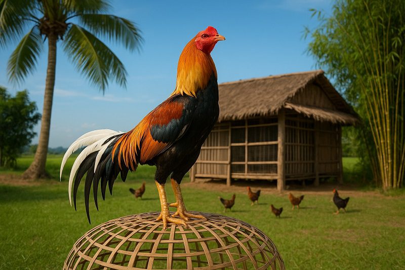 ไก่ชนเหลืองหางขาว ยืนสง่าเด่นอยู่หน้าโรงเรือน
