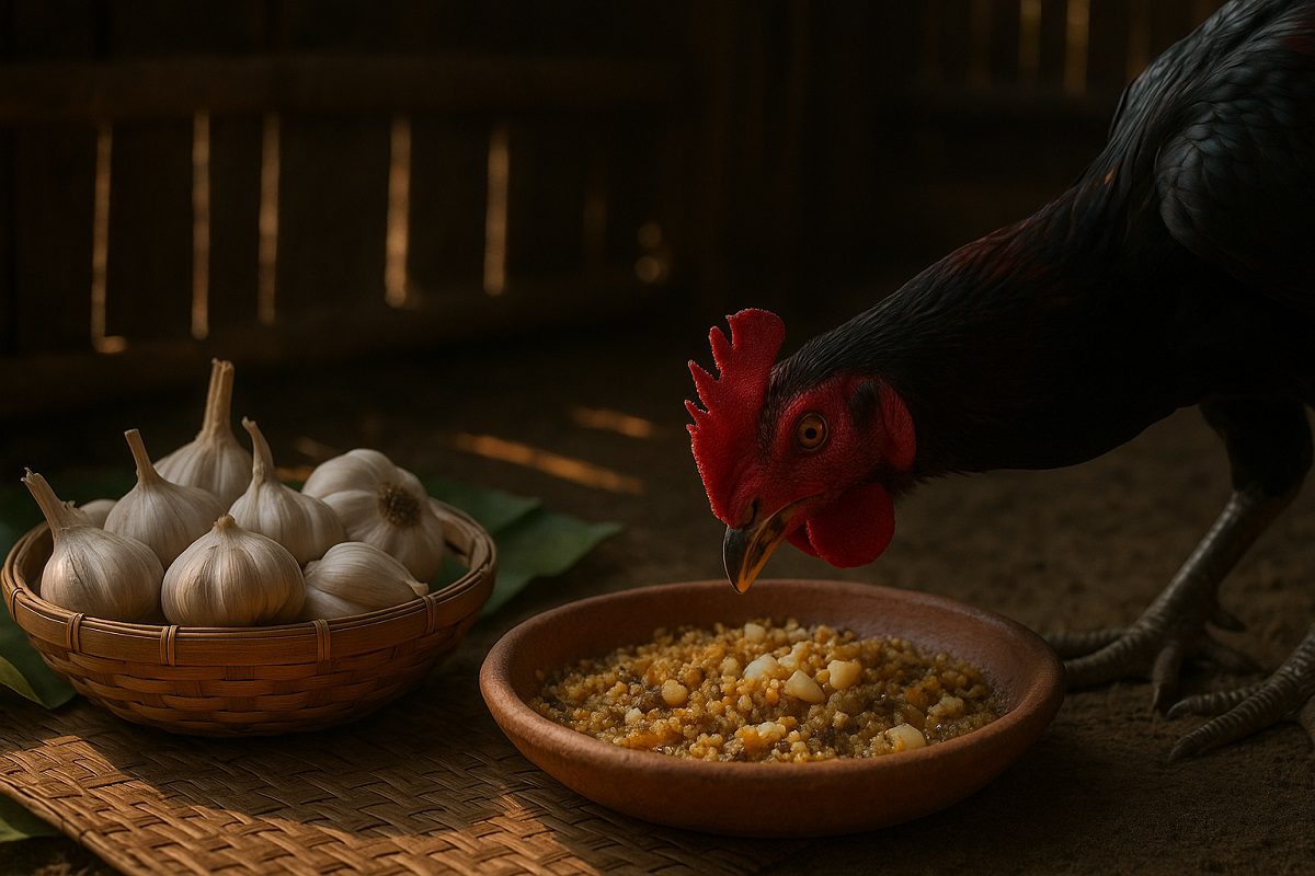 หัวกระเทียม และกระเทียมบด ถูกนำมาใช้เป็นสมุนไพรไก่ชน โดยมีไก่ชนกำลังจิกกินกระเทียมบด