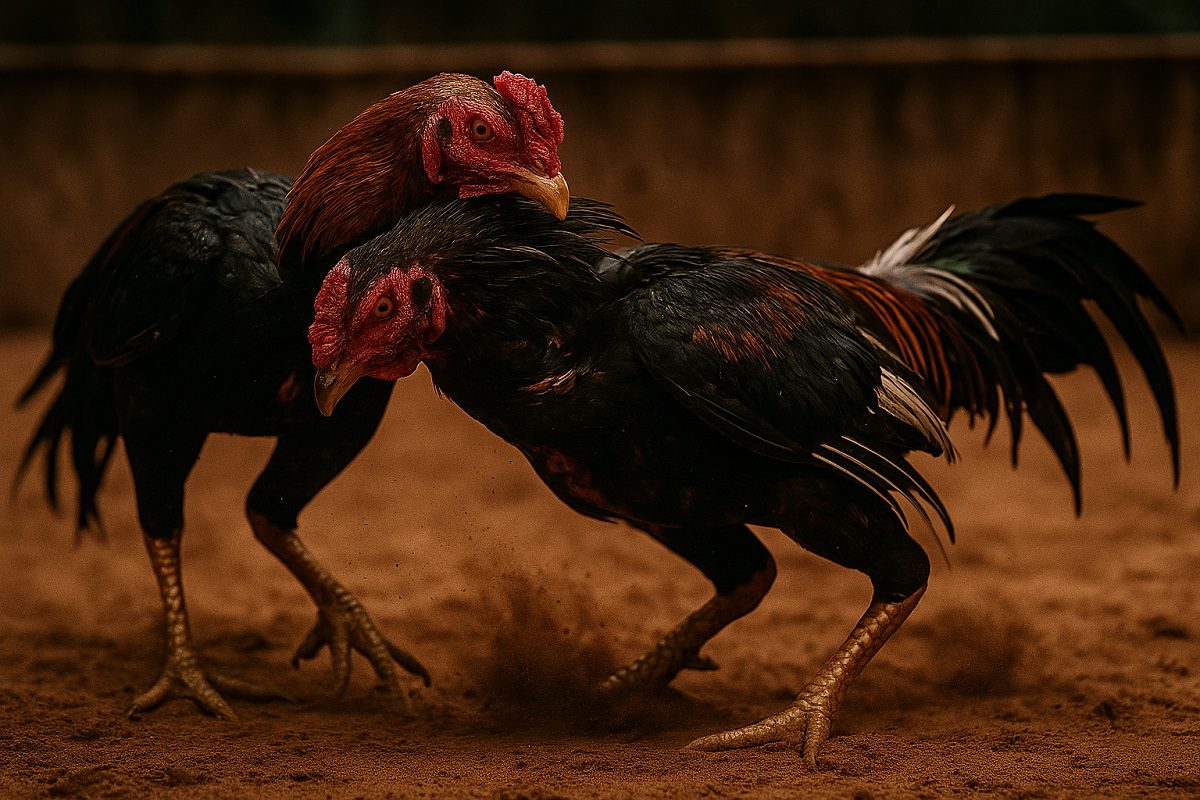 ไก่ชนสองตัวต่อสู้กันโดยมีตัวหนึ่งกำลังพยายามยื่นคอไปจิกบริเวณบ่าของคู่ต่อสู้