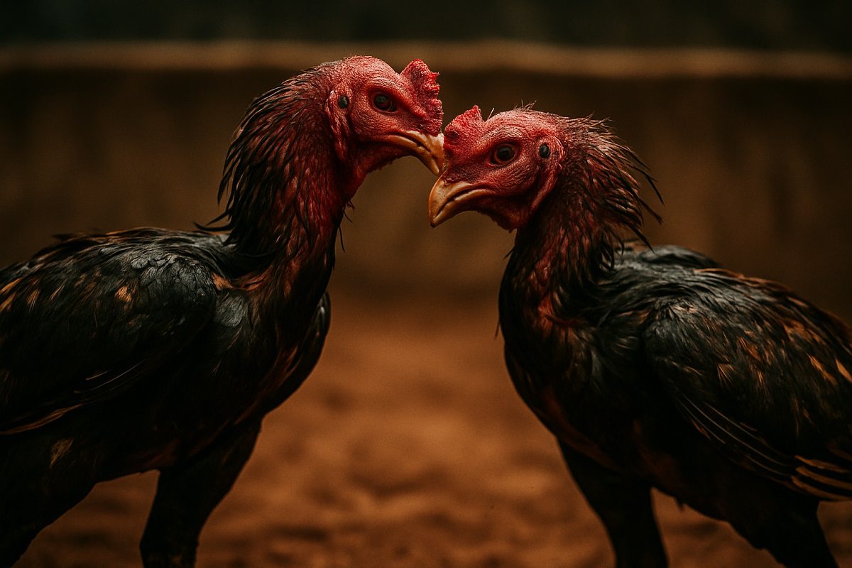 ไก่ชนสองตัวสู้กันในสังเวียนอย่างไม่คิดชีวิต