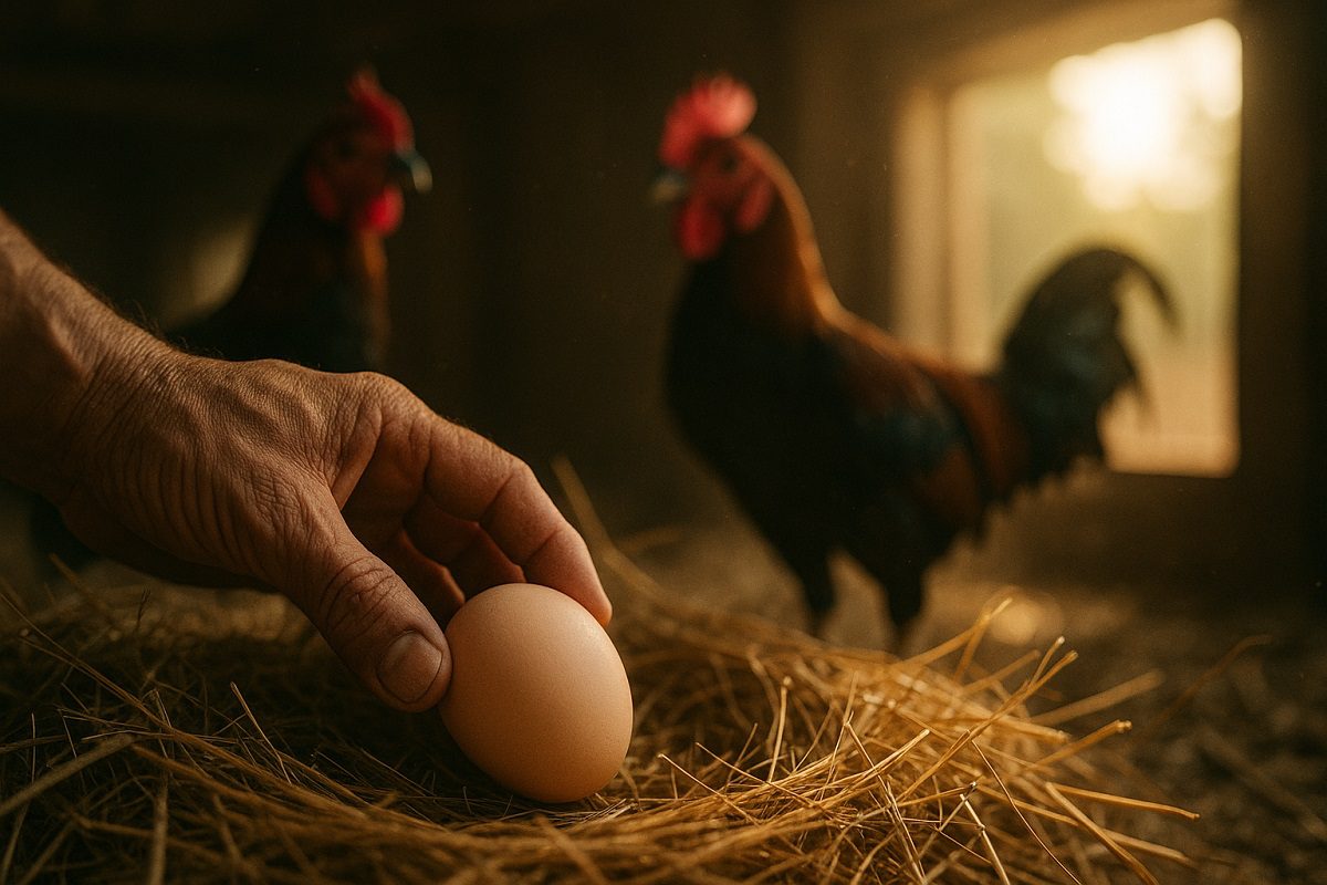 มือของเจ้าของไก่ชนกำลังบรรจงประคองไข่ของไก่ชนด้วยมือ ในคอกสำหรับเพาะพันธุ์ไก่ชนที่มีไก่ชนยืนอยู่ในคอก