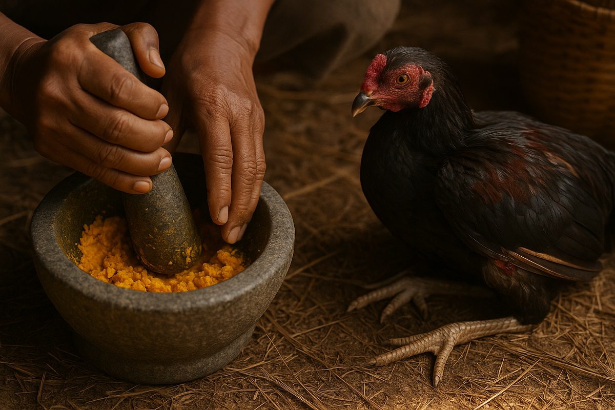 เจ้าของไก่ชนกำลังโขลกขมิ้นชันในครก โดยมีไก่ชนยืนเฝ้าดูอยู่ใกล้ๆ
