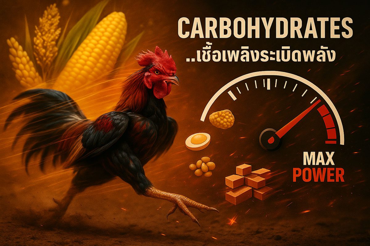 ภาพไก่ชนกำลังสาดแข้ง หรือกระพือปีกอย่างรวดเร็วจนเห็นเป็นภาพซ้อน (Motion Blur) ด้านข้างของตัวไก่มีกราฟิกรูป "เกจวัดน้ำมัน" แบบหน้าปัดรถแข่งที่เข็มชี้ไปที่ขีด "Full" หรือ "Max Power" และมีรูปวัตถุดิบกลุ่มคาร์โบไฮเดรต (ข้าวโพด, ข้าวฟ่าง) เป็นฉากหลัง