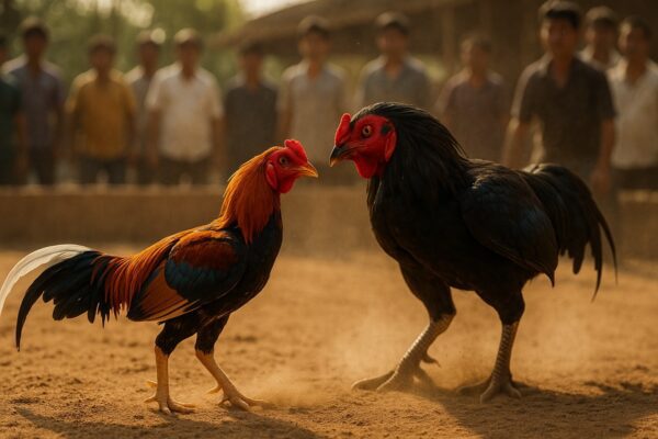 ไก่ชนสองตัวที่มีขนาดต่างกันกำลังต่อสู้กัน โดยไก่ชนตัวที่เล็กกว่ากำลังแสดงท่าทีข่มขู่ไก่ชนที่ตัวใหญ่กว่าให้หวาดกลัว