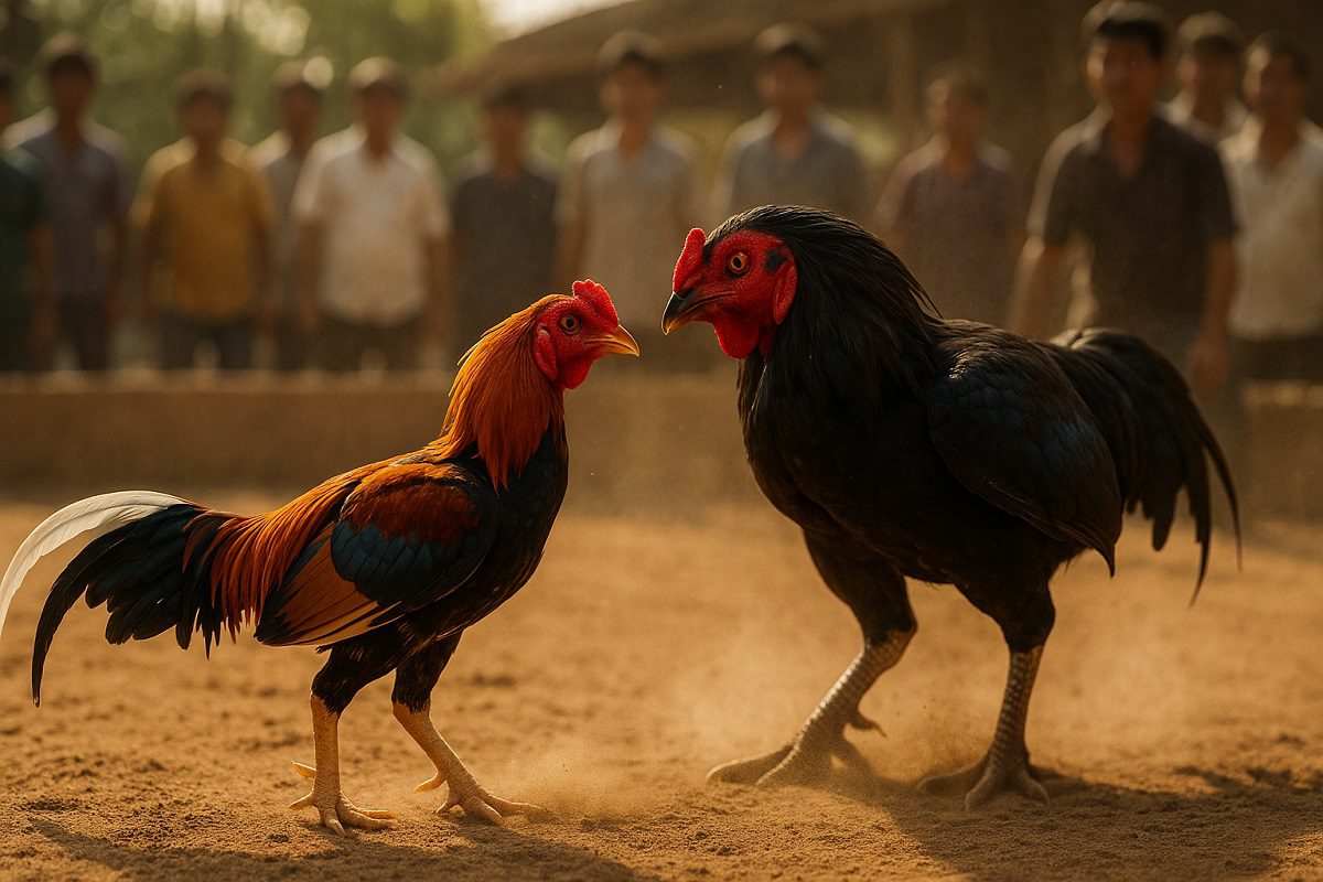 ไก่ชนสองตัวที่มีขนาดต่างกันกำลังต่อสู้กัน โดยไก่ชนตัวที่เล็กกว่ากำลังแสดงท่าทีข่มขู่ไก่ชนที่ตัวใหญ่กว่าให้หวาดกลัว