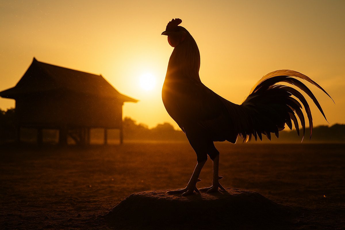 ภาพไก่ชนยืนอย่างสง่างามหน้าโรงเรือนภายใต้แสงอทิตย์ที่กำลังตกดิน