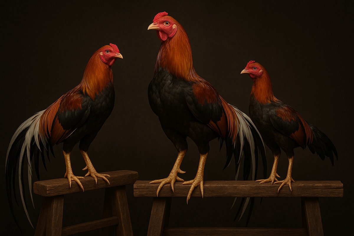 ภาพของไก่ชนสามตัวที่ต่างอายุกันกำลังยืนอยู่บนคอนไม้อย่างสง่างาม