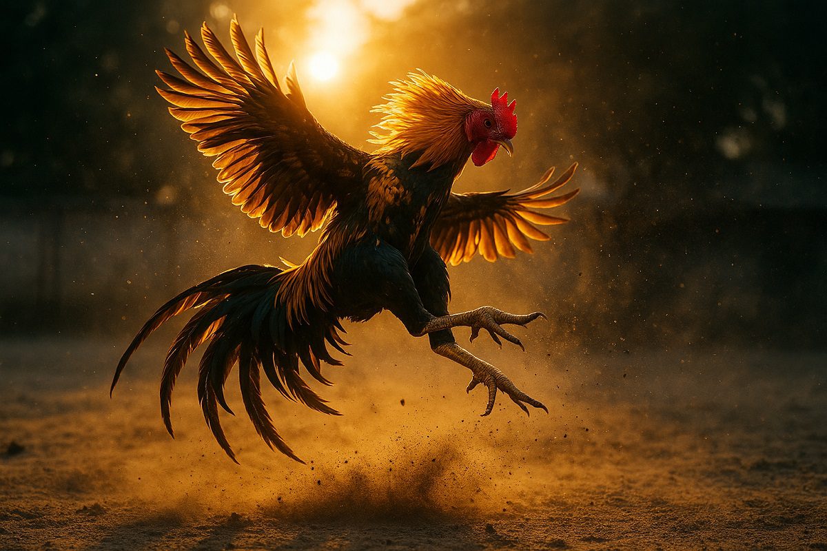 ไก่ชนเหลืองหางขาวกำลังฝึกซ้อมการออกอาวุธด้วยการบินตีอย่างดุดัน