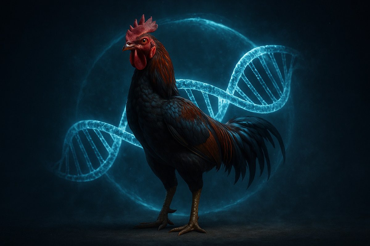 ไก่ชนตัวเต็มวัยกำลังยืนเด่นโดยมีฉสกด้านหลังเป็นภาพกราฟฟิกรหัสพันธุกรรม โครโมโซม ยีน dna