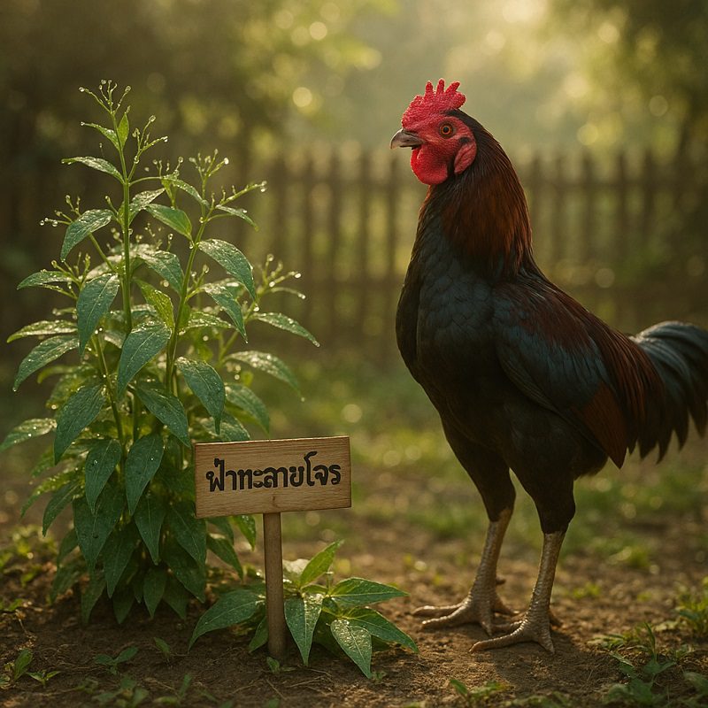 ไก่ชนกำลังยืนอยู่ในสวนสมุนไพรไก่ชน และข้างๆกันมีต้นฟ้าทะลายโจรเกิดเป็นพุ่มใกล้ๆ