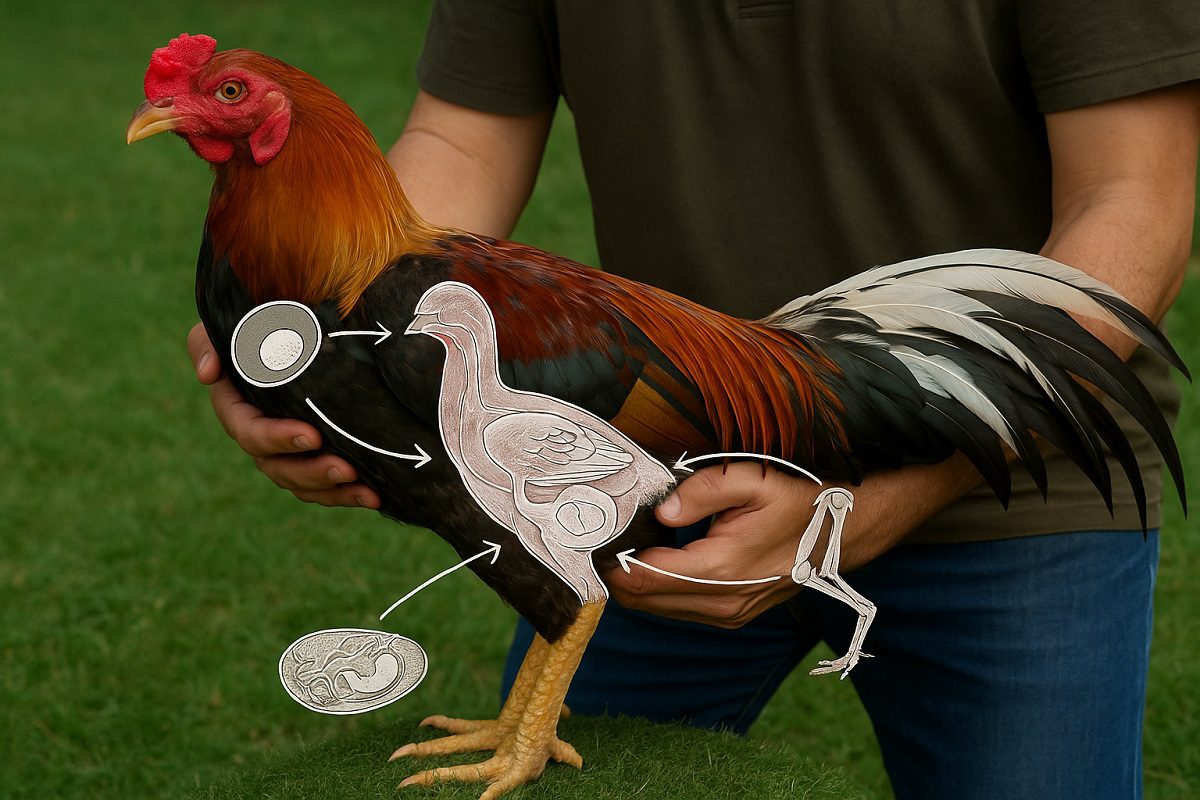 ภาพกราฟฟิกรูปไก่ชนที่มีแผนผังอวัยวะที่สำคัญในการสืบพันธุ์