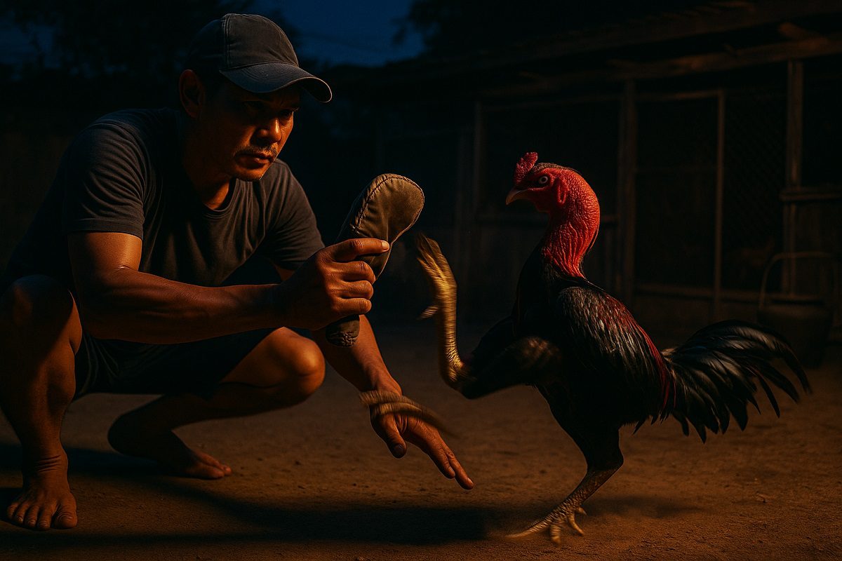 เจ้าของไก่ชนกำลังฝึกซ้อมให้ไก่ชนกระโดเตะไปยังเป้าซ้อมไก่ชน