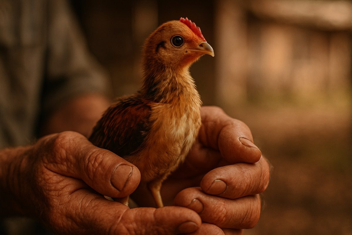 เจ้าของไก่ชนกำลังประคองลูกไก่อายุหนึ่งเดือนไว้ในมือทั้งสองข้างอย่างทะนุถนอม
