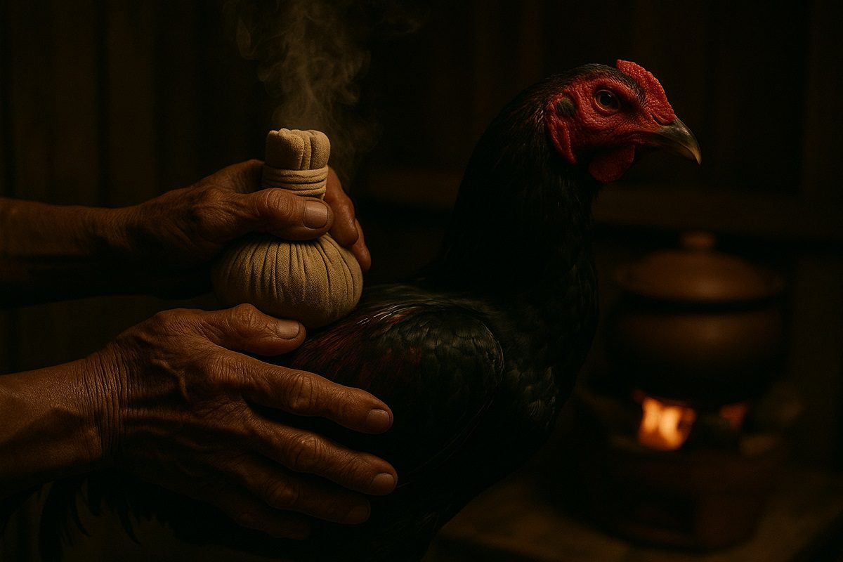 เจ้าของไก่ชน กำลังใช้สมุนไพรทำเป็นลูกประคบประคบไปตามลำตัวของไก่ชนที่พึ่งผ่านการฝึกซ้อมมาอย่างหนัก