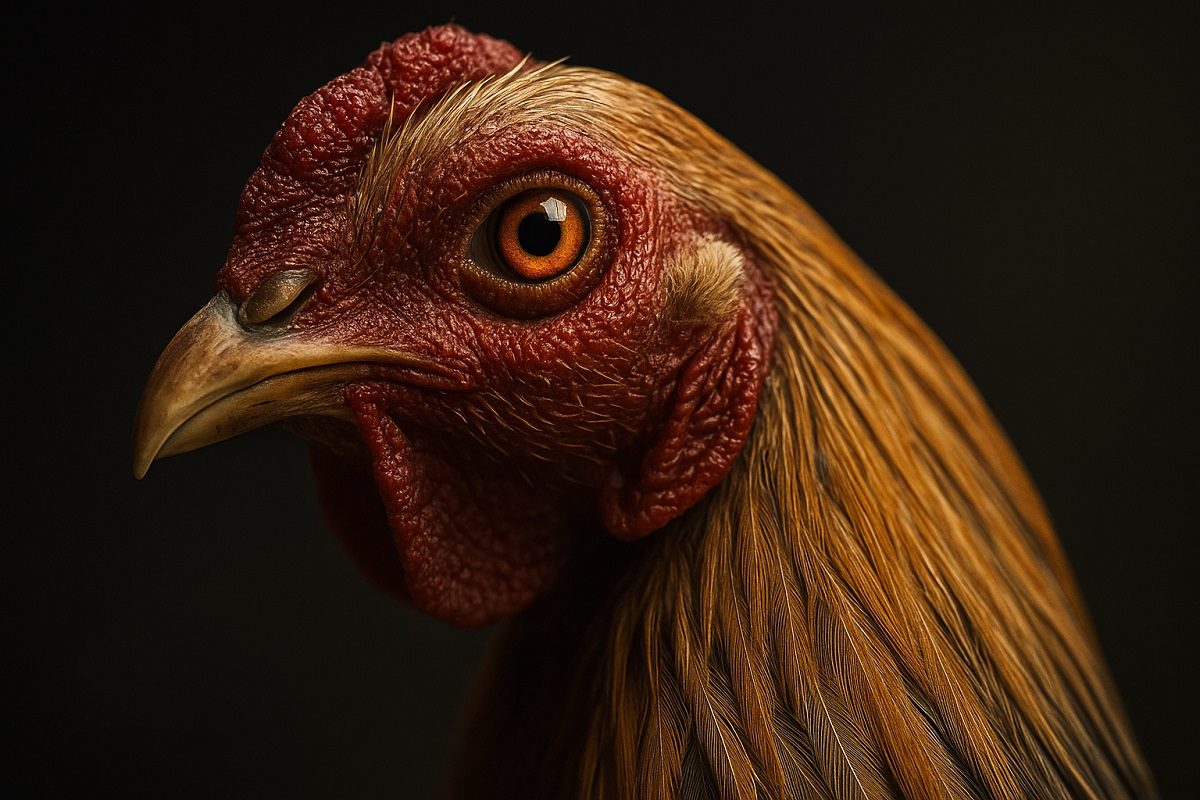 ภาพถ่ายใบหน้าไก่ชนที่แสดงสายตาเด็ดเดี่ยว ที่สื่อถึงสภาพจิตใจที่กล้าแกร่ง