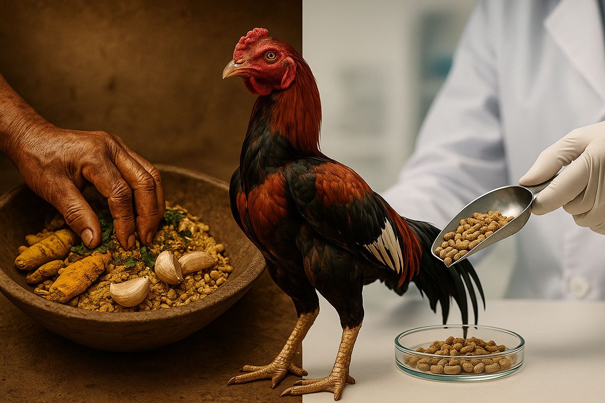 เป็นภาพแบ่งครึ่งเฟรม ด้านซ้ายเป็นมือของเซียนไก่รุ่นเก่าที่ดูมีประสบการณ์ กำลังใช้มือคลุกเคล้าส่วนผสมอาหารแบบโบราณ (เห็นสมุนไพร ขมิ้น กระเทียม) ด้านขวาเป็นภาพมือของนักวิจัยในถุงมือ กำลังใช้เครื่องมือตวงส่วนผสมอาหารเม็ดที่คำนวณมาอย่างดี