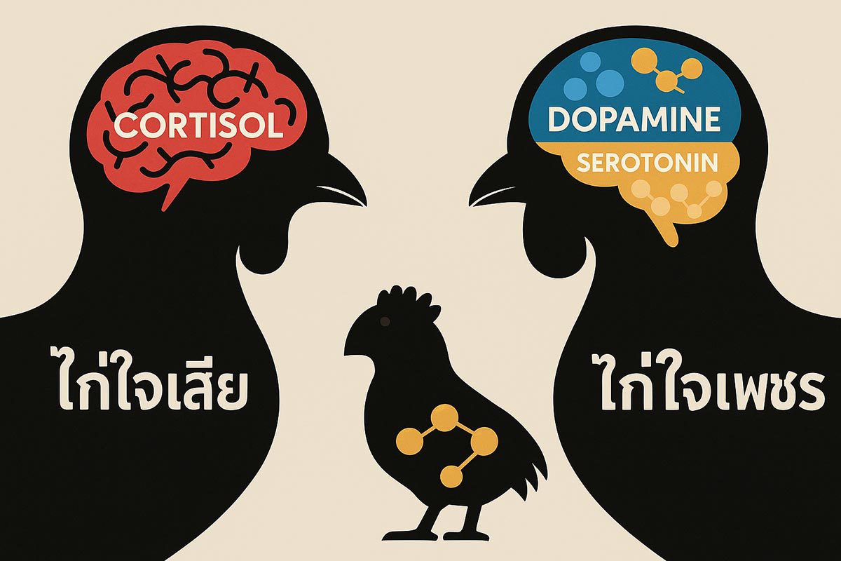 ชน 2 ตัวหันหน้าเข้าหากัน ตัวแรกมีชื่อกำกับว่า "ไก่ใจเสีย" ภายในหัวเต็มไปด้วยกราฟิกสีแดงที่ยุ่งเหยิงแทนฮอร์โมนความเครียด (Cortisol) ส่วนอีกตัวมีชื่อว่า "ไก่ใจเพชร"