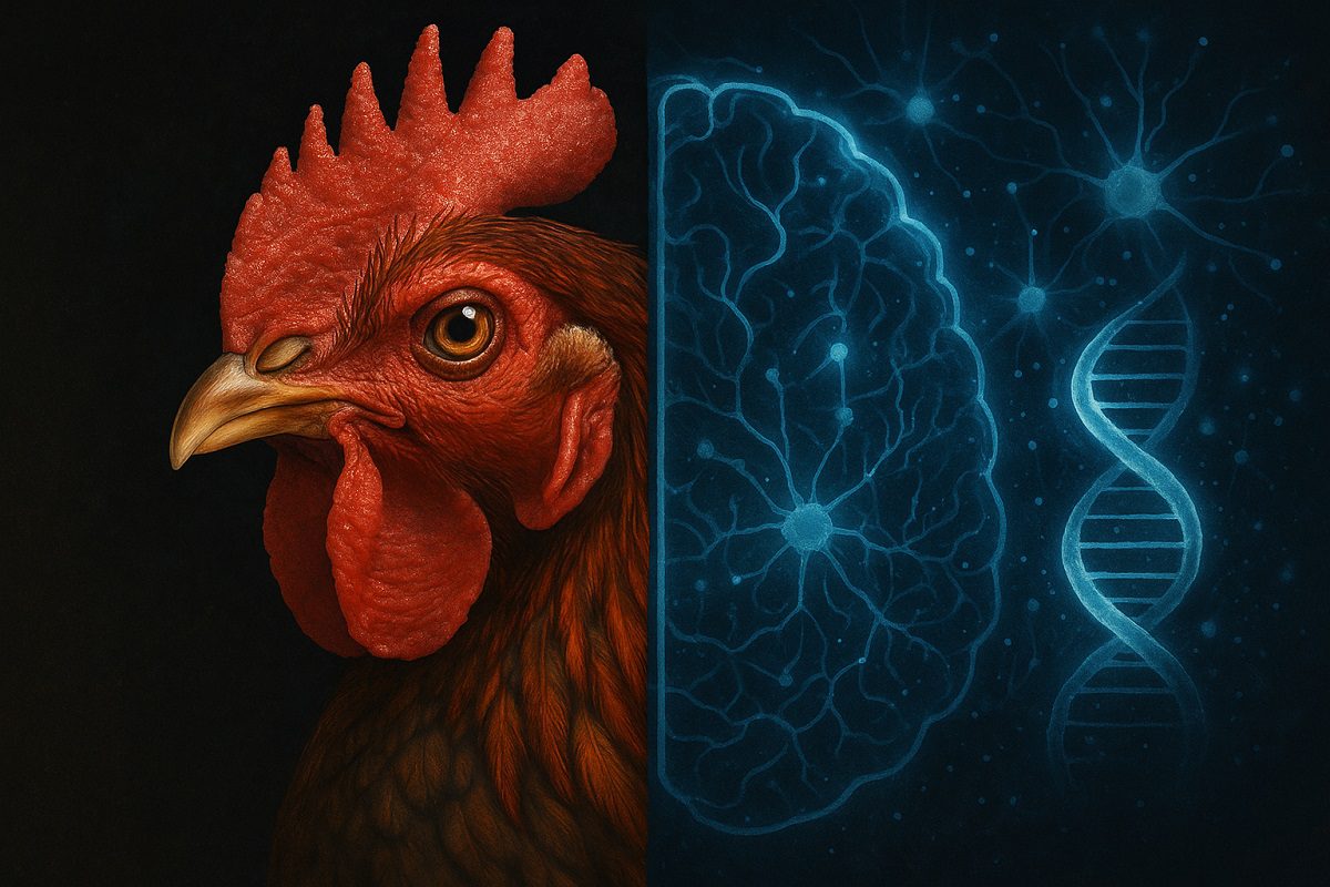รูปใบหน้าไก่ชนระยะใกล้ครึ่งหนึ่ง อีกครึ่งหนึ่งเป็นรูปสมองและรหัสพันธุกรรมต่างๆ