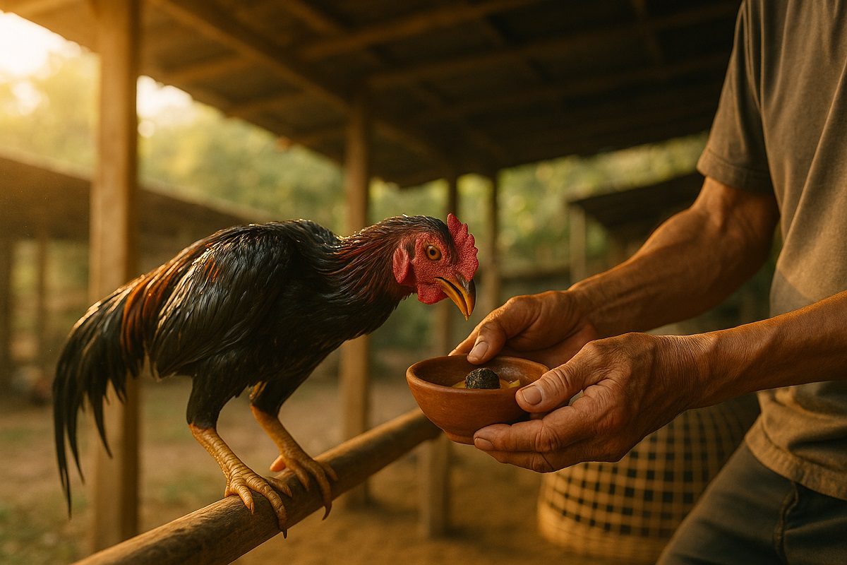 เจ้าของไก่ชนกำลังถือถ้วยที่ใส่สมุนไพรไก่ชนสำหรับบำรุงกำลังให้ไก่ชนที่ยืนอยู่ใกล้ๆจิกกิน