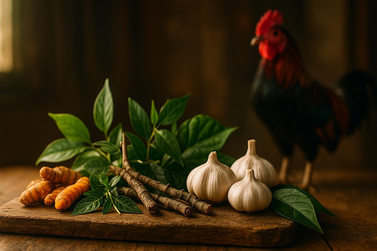 สมุนไพรไก่ชนหลากหลายชนิด กระเทียม ฟ้าทะลายโจร บอระเพ็ด ขมิ้น ถูกวางไว้ โดยมีไก่ชนยืนอยู่ข้างๆ