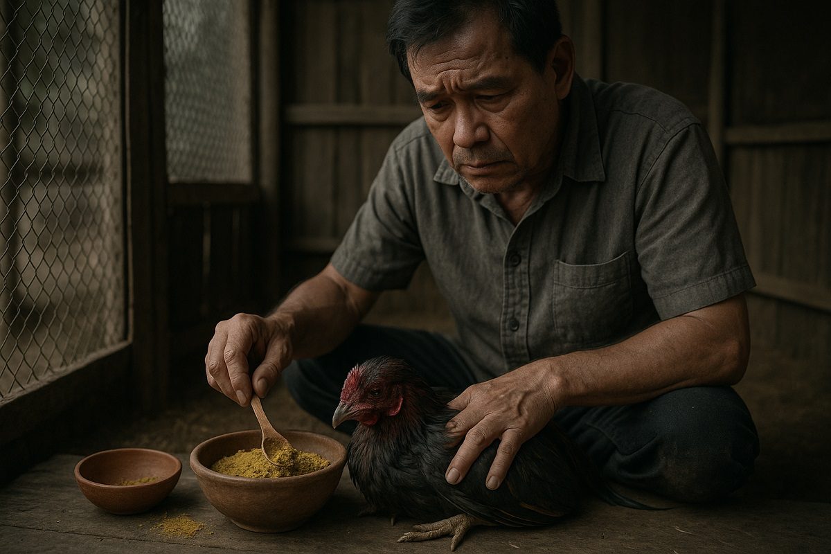 เจ้าของไก่กำลังโขลกสมุนไพรหลายชนิดในครก มีไก่ชนที่กำลังป่วยนอนหมอบอยู่ข้างๆ