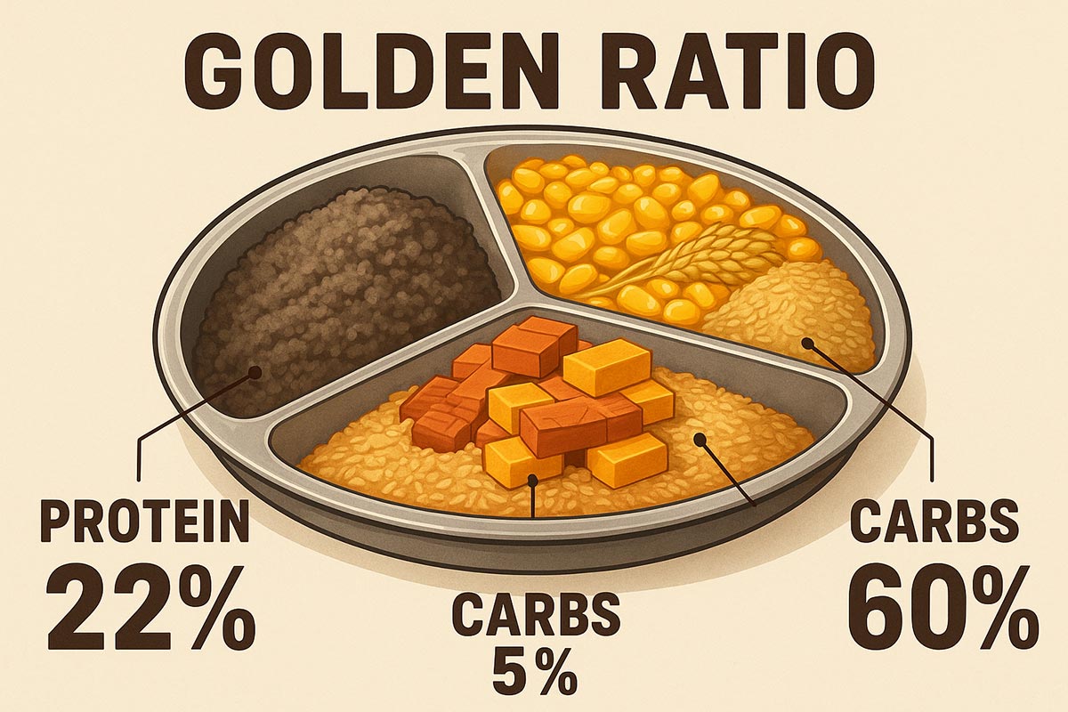 รูปถาดอาหารไก่ที่ถูกแบ่งออกเป็น 3 ส่วนชัดเจน ตามสัดส่วน โปรตีน, คาร์โบไฮเดรต, และไขมัน ในแต่ละช่องจะมีวัตถุดิบตัวอย่างวางอยู่