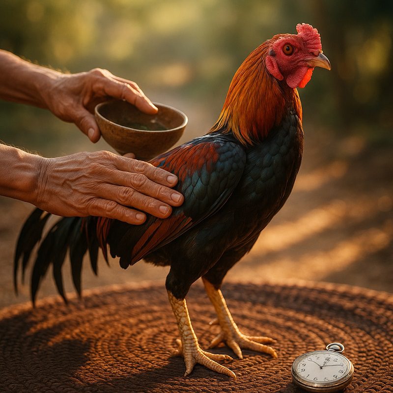 เจ้าของไก่ชนกำลังอาบน้ำ อาบแดดให้ไก่ชน