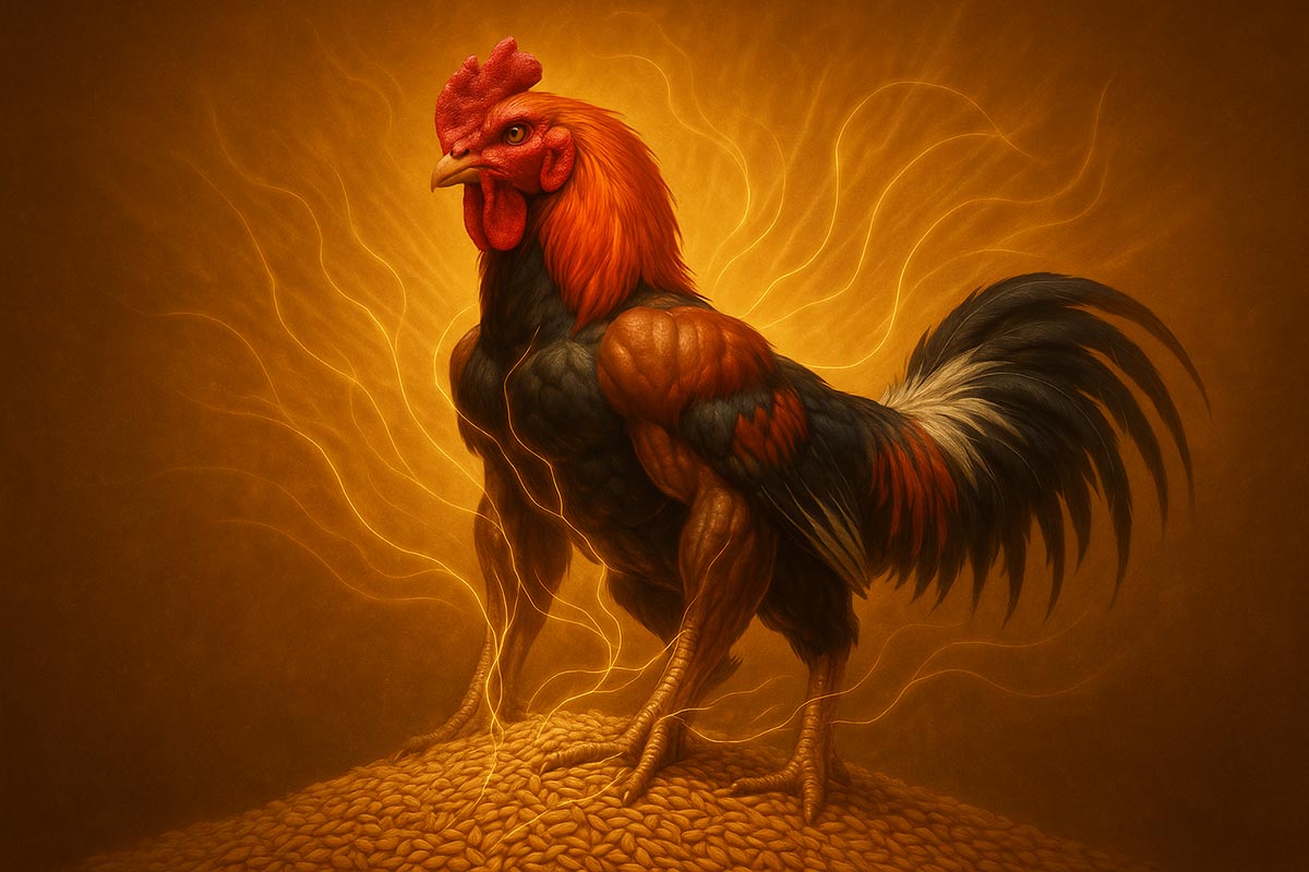 รูปไก่ชนหนุ่มกล้ามเนื้อเป็นมัดๆ ขนมันเงา ยืนสง่าอยู่บนกองข้าวเปลือกสีทองอร่าม โดยมีฉากหลังเป็นเหมือนออร่าพลังงานที่แผ่ออกมาจากตัวไก่