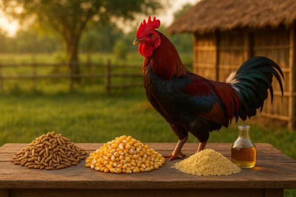 ไก่ชนกำลังอยู่บนโต๊ะไม้ โดยมีกองอาหารสามกองเล็กๆอยู่บนโต๊ะ ที่ประกอบด้วย ถัวเหลือง ข้าวโพด และแมลง และมีน้ำมันในขวดวางยู่ใกล้ๆ