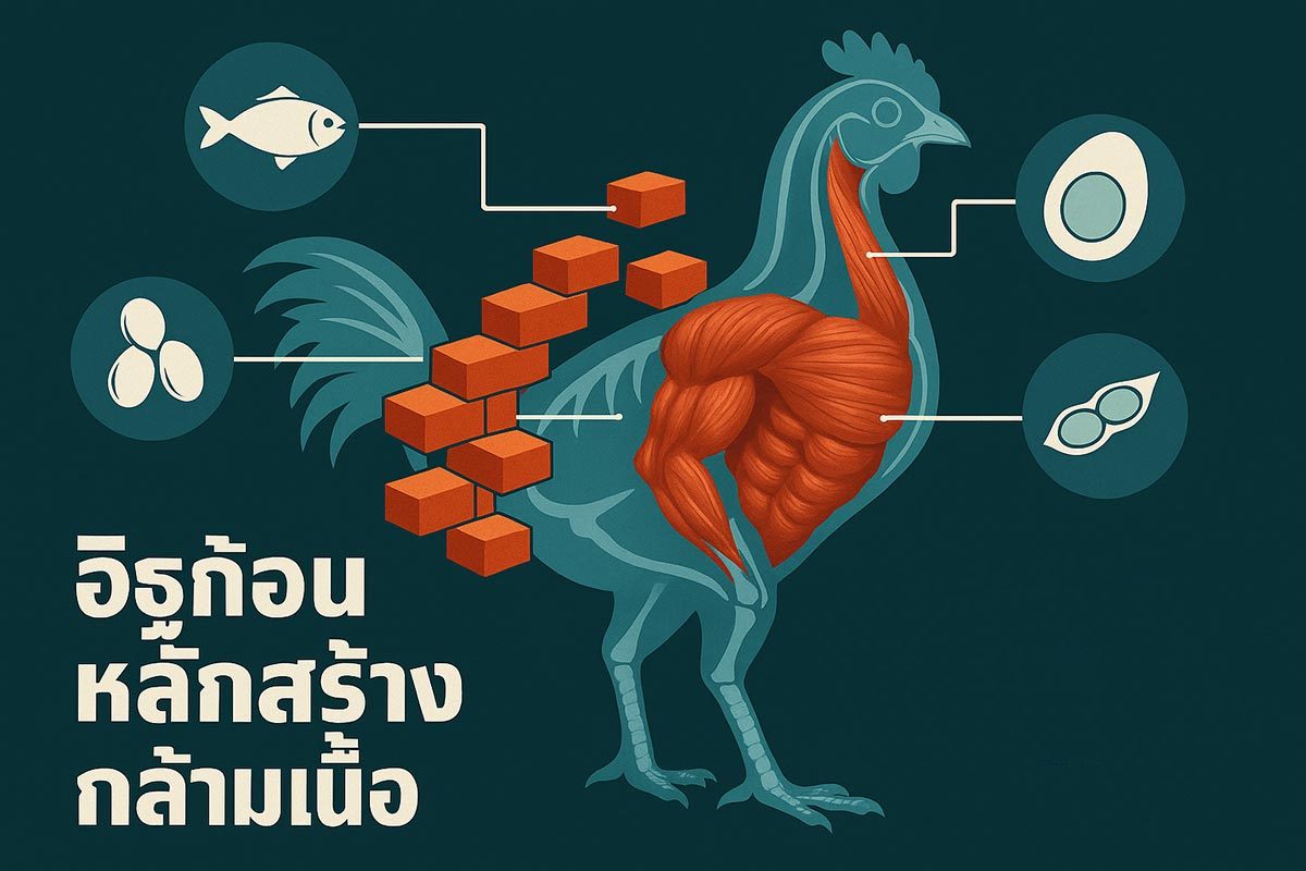 รูปโครงร่างไก่ชนแบบโปร่งแสง (X-ray) ด้านหนึ่งของร่างกายแสดงให้เห็นมัดกล้ามเนื้อที่สมบูรณ์ อีกด้านหนึ่งแสดงเป็นภาพ "อิฐ" ที่กำลังก่อตัวขึ้นเป็นกล้ามเนื้อ โดยมีไอคอนของแหล่งโปรตีนต่างๆ
