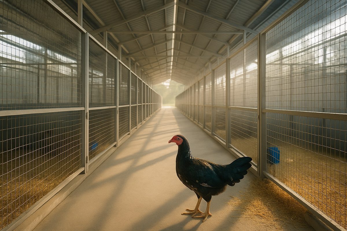 ไก่ชนแม่พันธุ์ยืนอยู่ในโรงเรือนมาตรฐานที่สะอาดและเป็นระเบียบที่ใช้เป็นโรงเรือนสำหรับเพาะพันธุ์ไก่ชน