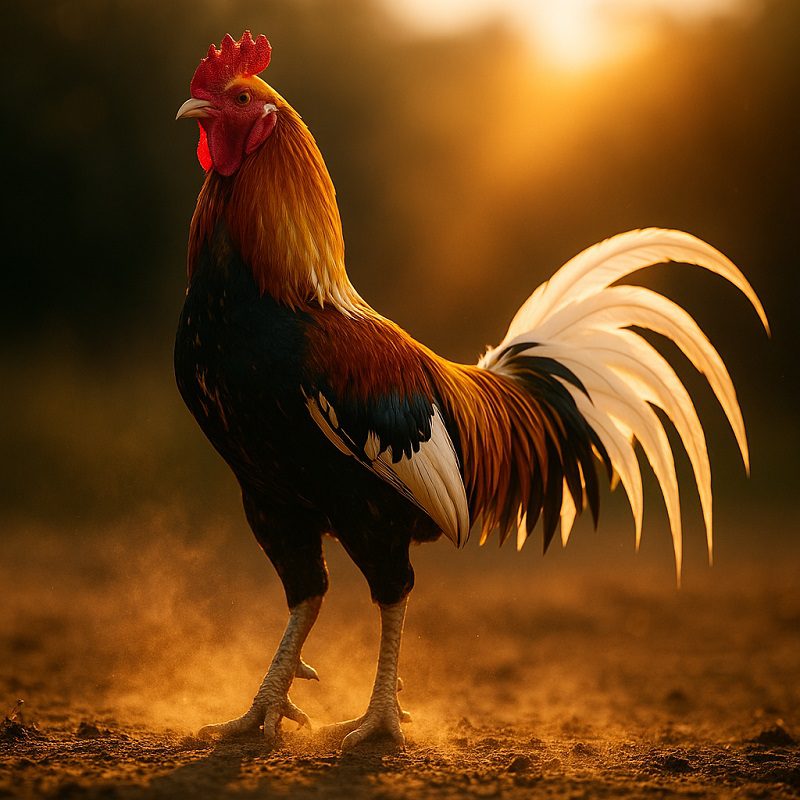 ไก่ชนเหลืองหางขาว ยืนบนพื้นดินท่ามกลางแสงอาทิตย์ยามเย็นหน้าซุ้มไก่ชน