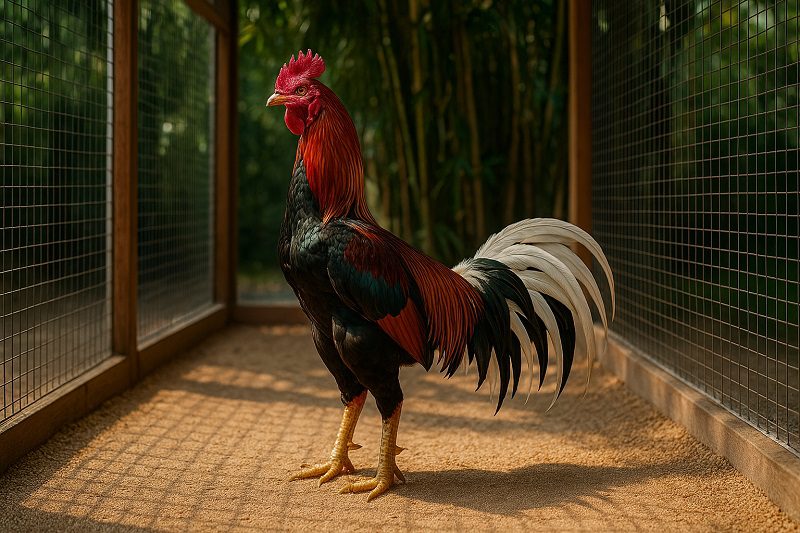 พ่อพันธุ์ไก่ชน ยืนอยู่ในโรงเรือนมาตรฐานสำหรับเลี้ยงไก่ชน