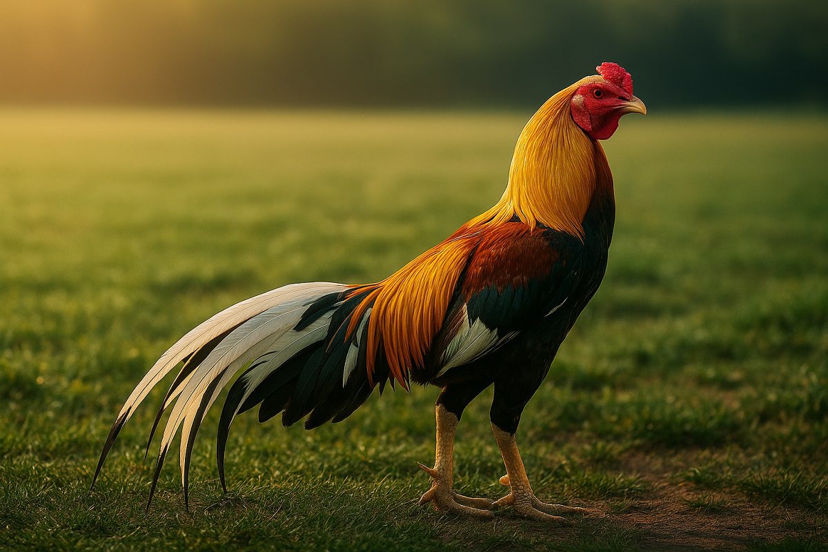 ไก่ชนสายพันธุ์เหลืองหางขาว ยืนเด่น สง่า บนพื้นหญ้า