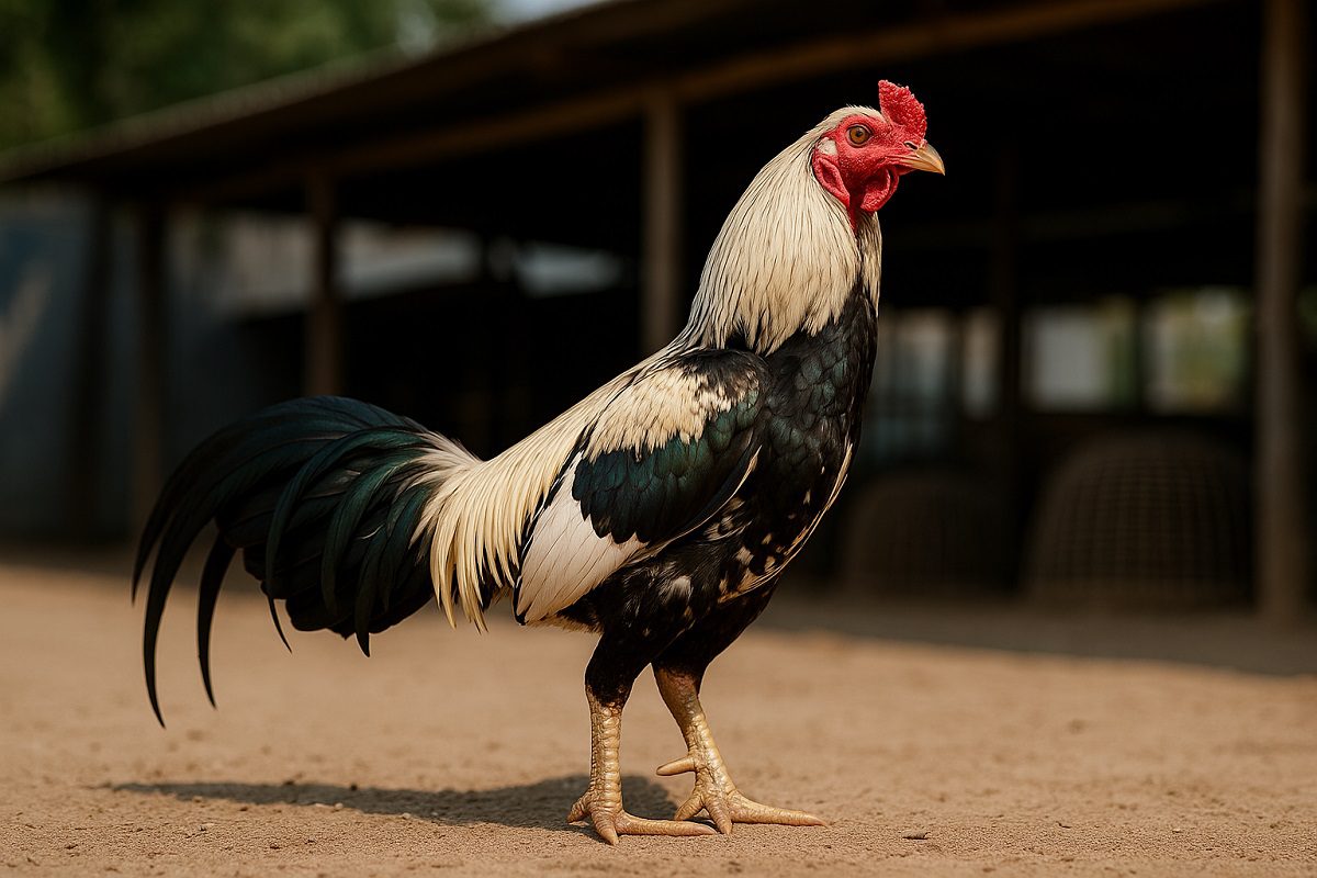 ไก่พม่ายืนอยู่หน้าโรงเรือน