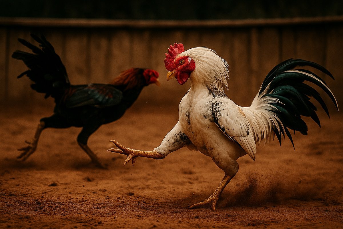 ไก่ชนสองตัวกำลังต่อสู้กัน โดยมีตัวนึงเป็นไก่ม้าล่อกำลังวิ่งวนไปรอบสังเวียนเพื่อล่อให้คู่ต่อสู้ไล่ตาม