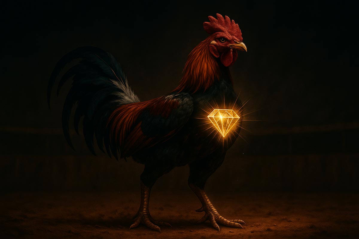 รูปไก่ชนยืนสง่าในท่าพร้อมสู้ ถ่ายมุมต่ำเพื่อให้ดูยิ่งใหญ่ บริเวณหน้าอกของไก่มีกราฟิกรูป "เพชร" ที่กำลังเปล่งแสงสว่างเรืองรองซ้อนทับอยู่ตรงตำแหน่งหัวใจ
