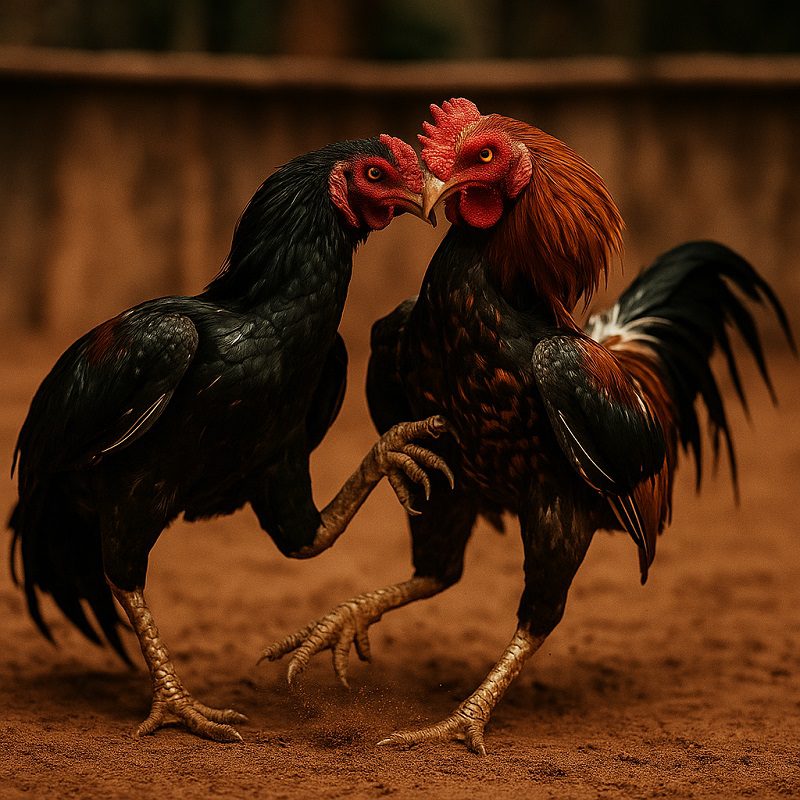 ไก่เชิงบนสองตัวกำลังต่อสู้กันอย่างดุเดือดในสังเวียน