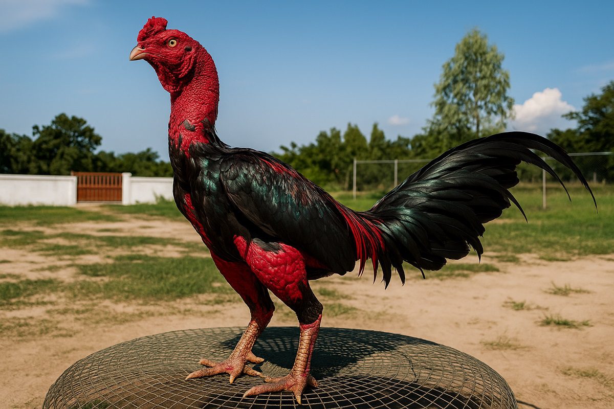 ไก่ไซง่อนที่ดูท่าท่างดุดัน แข็งแกร่ง ยืนตากแดดอยู่กลางลานฝึกซ้อมในซุ้มไก่ชน