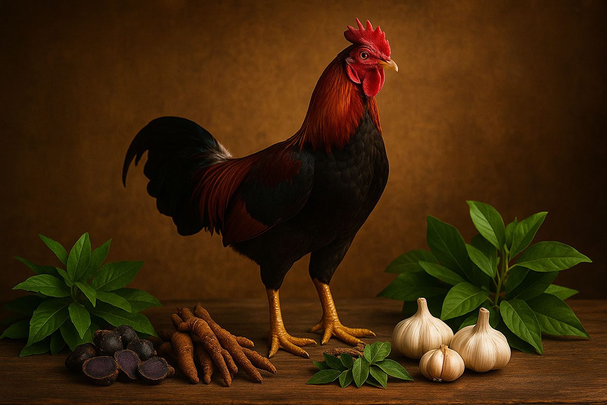 ภาพไก่ชนยืนสง่างามอยู่กลางวงสมุนไพรทั้ง 5 (กระชายดำ, บอระเพ็ด, ใบส้มป่อย, กระเทียม, รางจืด)