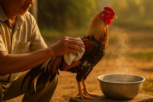 เจ้าของไก่กำลังใช้ผ้าชุบน้ำเช็ดไปตามลำตัวไก่ชน