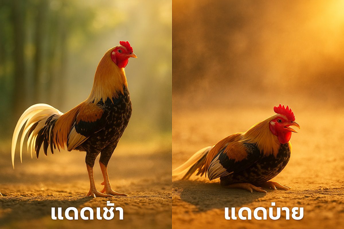เปรียบเทียบไก่ชนที่ตากแดดตอนเช้าและตอนบ่าย