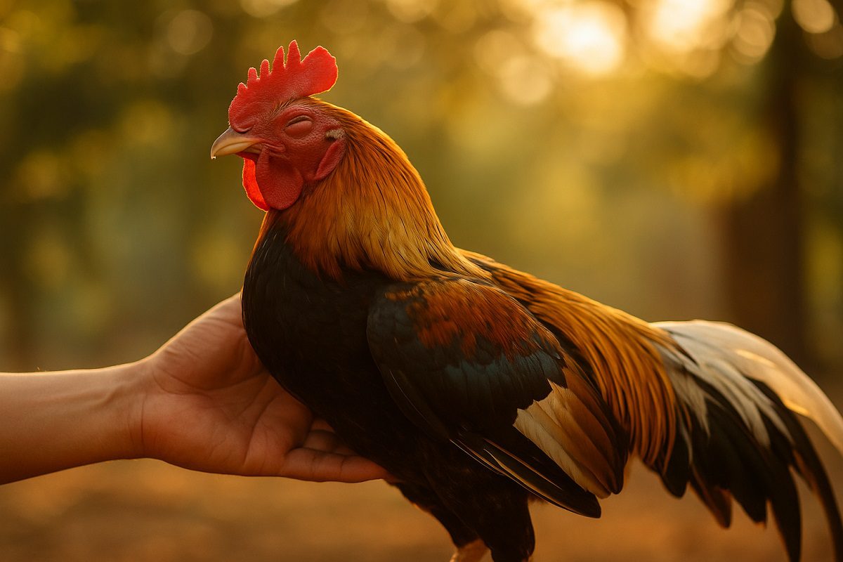 เจ้าของไก่ชนกำลังประคองไก่ชนด้วยมือขณะนำไก่อาบแดด