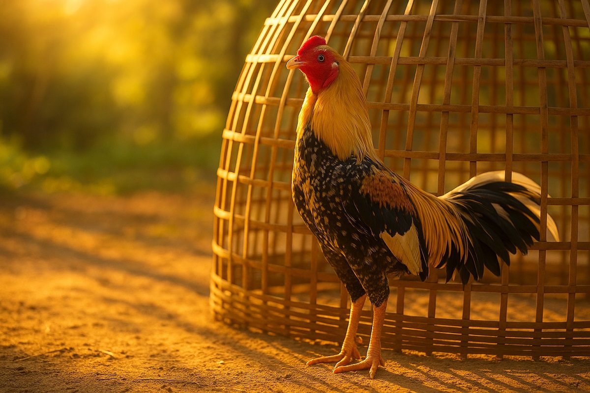 ไก่ชนกำลังยืนอาบแดดอยู่ข้างสุ่มหน้าโรงเรือน