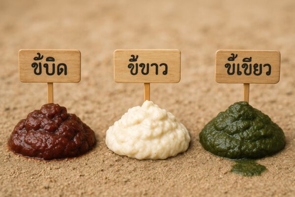 อินโฟกราฟิก 3 กองขี้ไก่วางเรียงกันกลางภาพ (สีแดงคล้ำ, ขาวข้น, เขียวเข้ม)