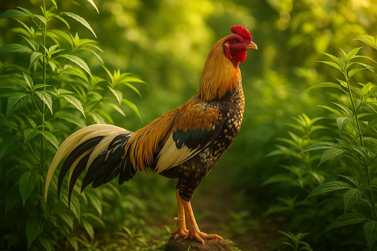 ไก่ชนยืนสง่าอยู่กลางธรรมชาติ โดยมีพืชฟ้าทะลายโจรโอบล้อมเหมือนเป็นเกราะป้องกัน