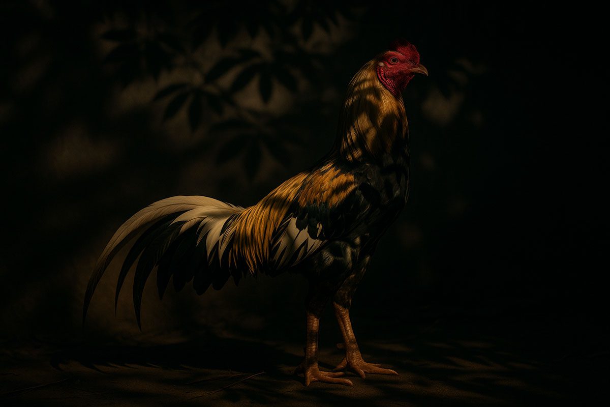 ภาพไก่ชนยืนในเงาแสงตอนเช้า มีเงาใบฟ้าทะลายโจรพาดลงบนตัวไก่